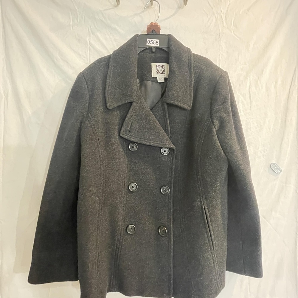 Anne Klein Pea Coat Womens Petite XL Charcoal Gray Double Breasted Lined Pockets